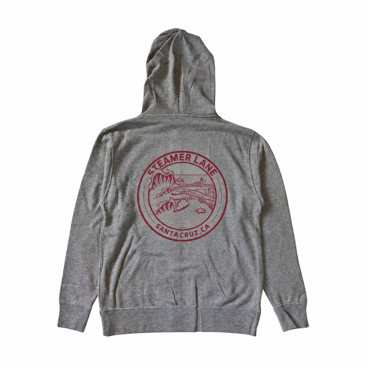 Steamer Lane Zip Hoodie Heather Grey — burgundy print back mockup