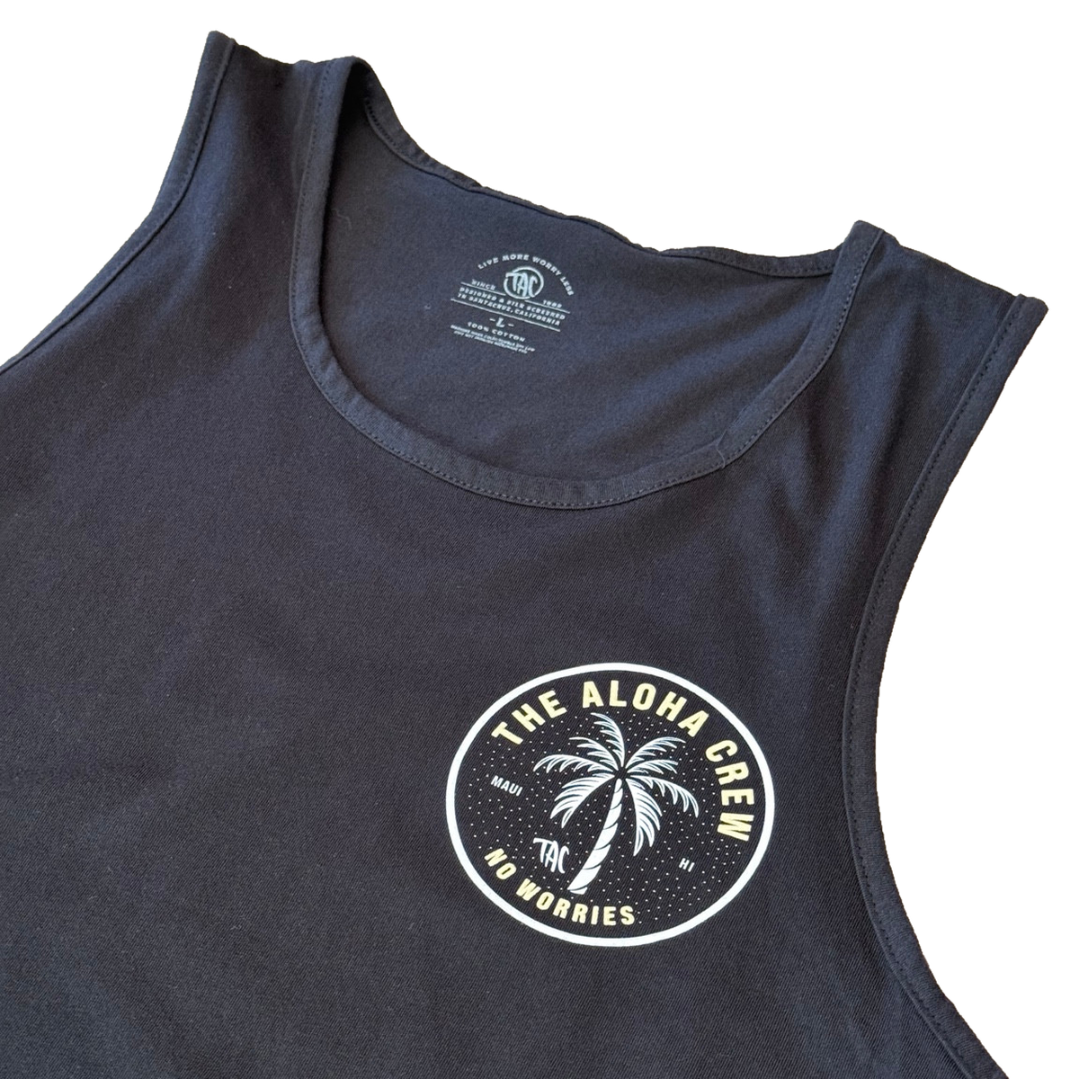 The Aloha Crew black tank top angled view