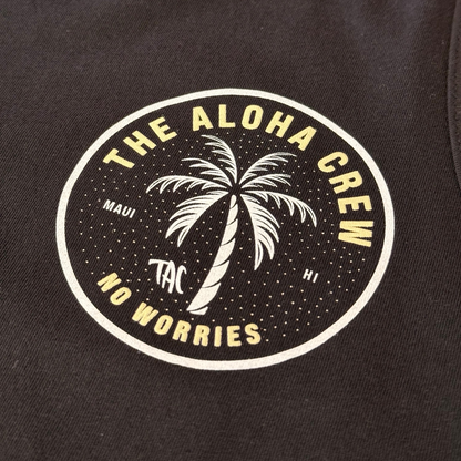 The Aloha Crew black tank top artwork detail