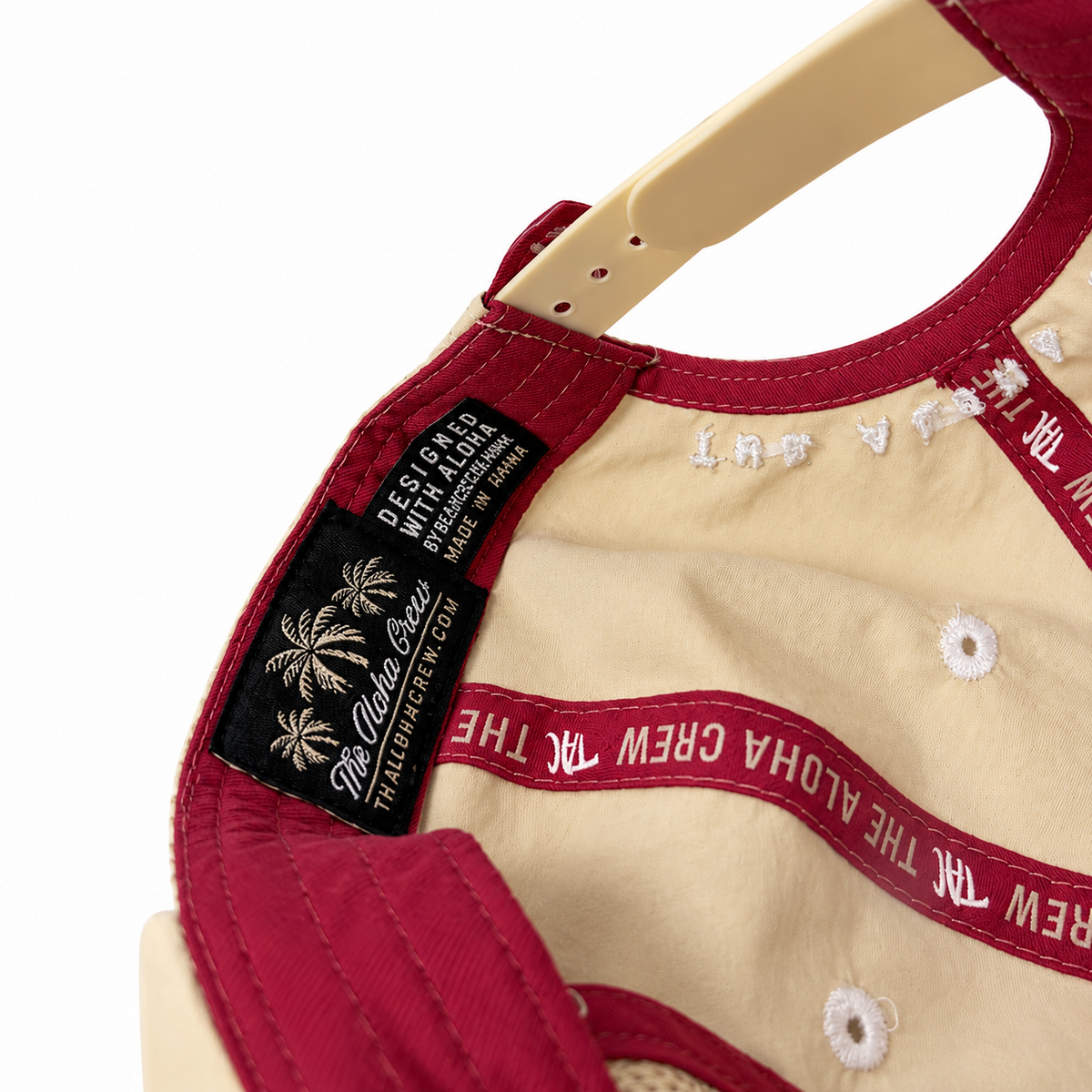 Cluck Yeah Aloha Crew hat interior label and taping detail