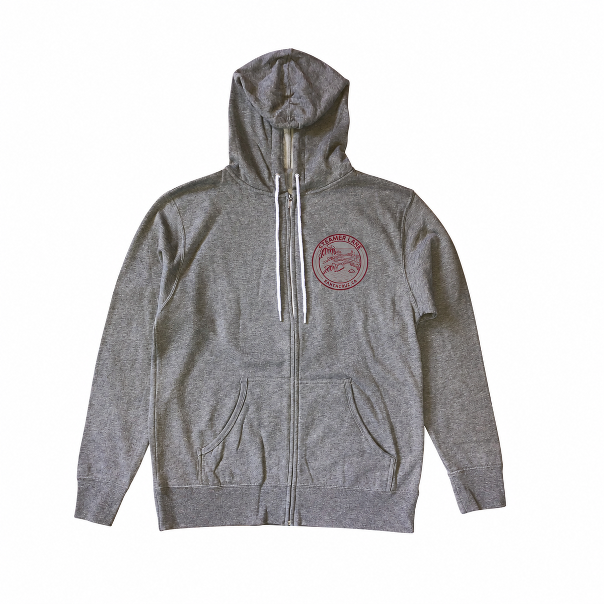Steamer Lane Zip Hoodie Heather Grey — burgundy print front mockup