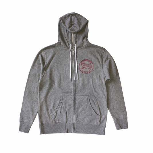 Steamer Lane Zip Hoodie Heather Grey — burgundy print front mockup